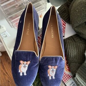 Jack Rogers Blue Velvet Loafers with Corgi Design
